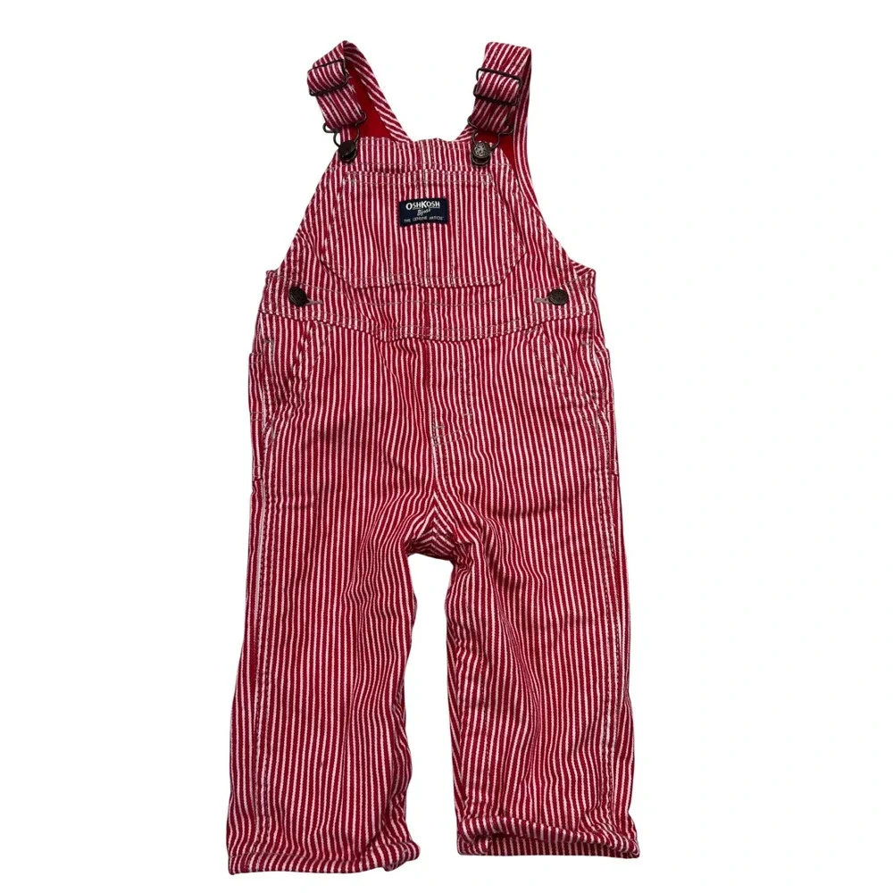 OshKosh B'gosh Overalls Kids 12m Red White Hickory Stripe Jersey Lined Dungarees